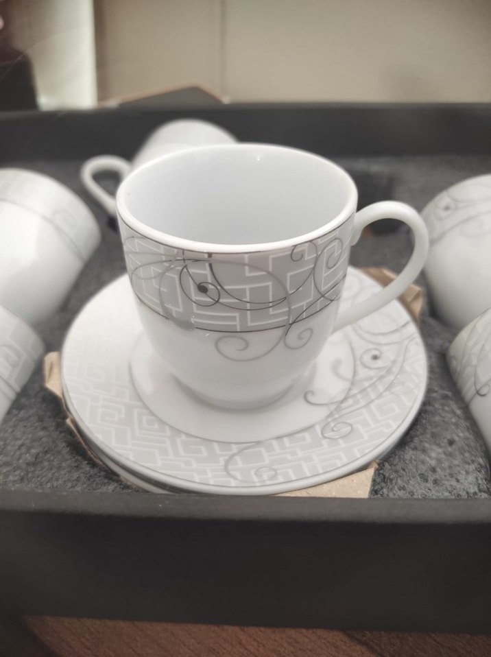 Gri Desenli Beyaz Porselen Fincan Seti (6lı) - Görsel 2