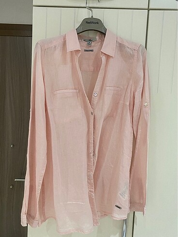 Mavi jeans dokulu şahane keten gömlek yavruağzı pembe
