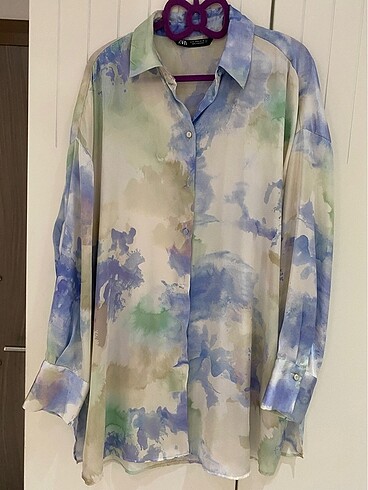 Zara bulut desenli sulu boya desenli saten gömlek tunik oversize