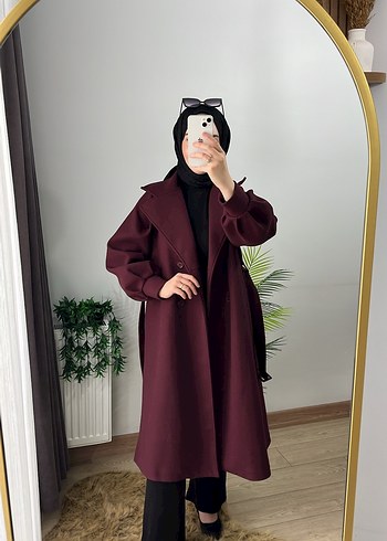 Bordo Uzun Kemerli Kadın Kaban - Görsel 2