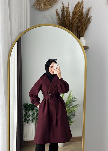 Bordo Uzun Kemerli Kadın Kaban - Görsel 5