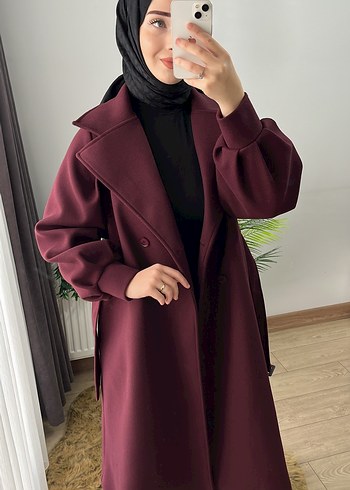 Bordo Uzun Kemerli Kadın Kaban - Görsel 3