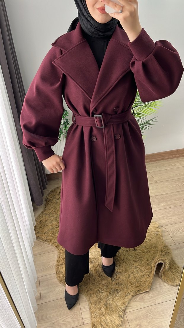 Bordo Uzun Kemerli Kadın Kaban - Görsel 4