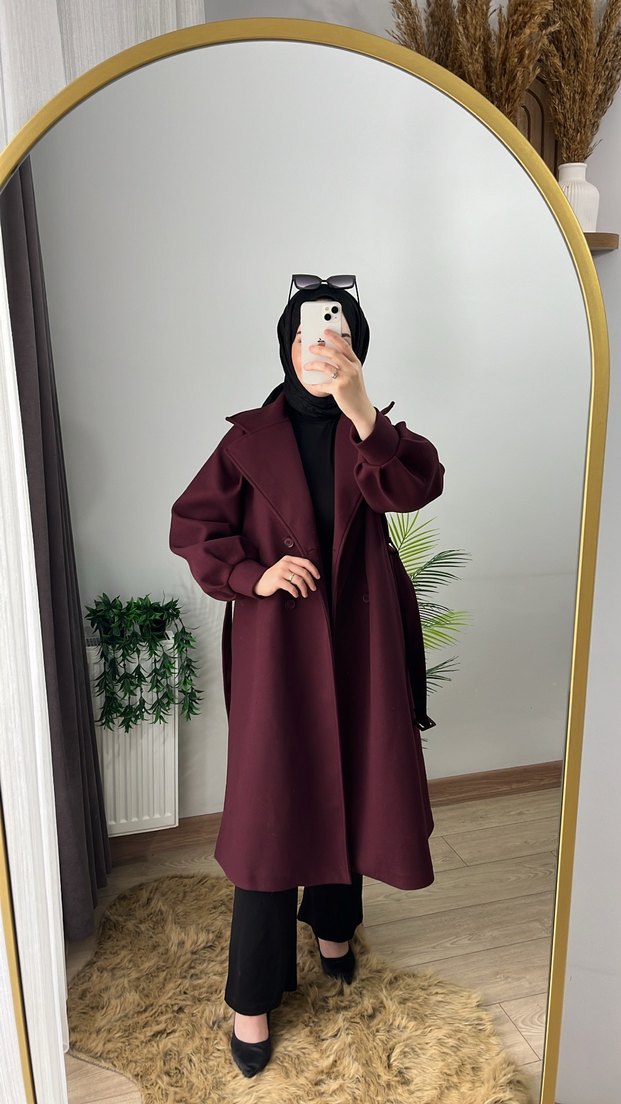 Bordo Uzun Kemerli Kadın Kaban - Görsel 2