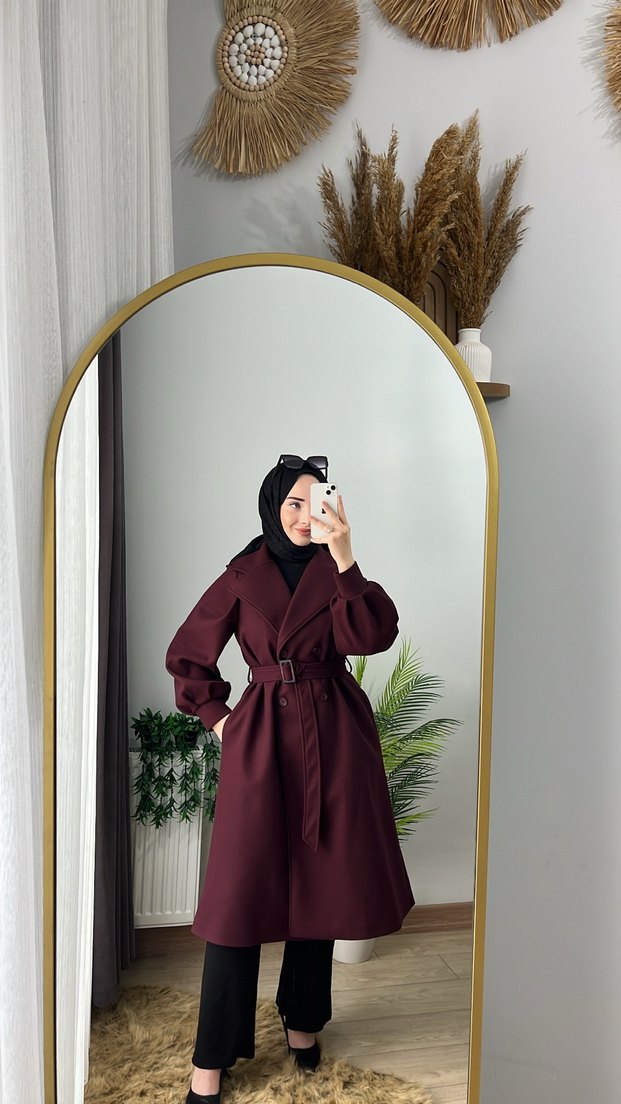 Bordo Uzun Kemerli Kadın Kaban - Görsel 5
