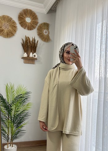Bej Kadın Şallı Rahat ve Şık Takım - Görsel 4