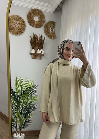 Bej Kadın Şallı Rahat ve Şık Takım - Görsel 5