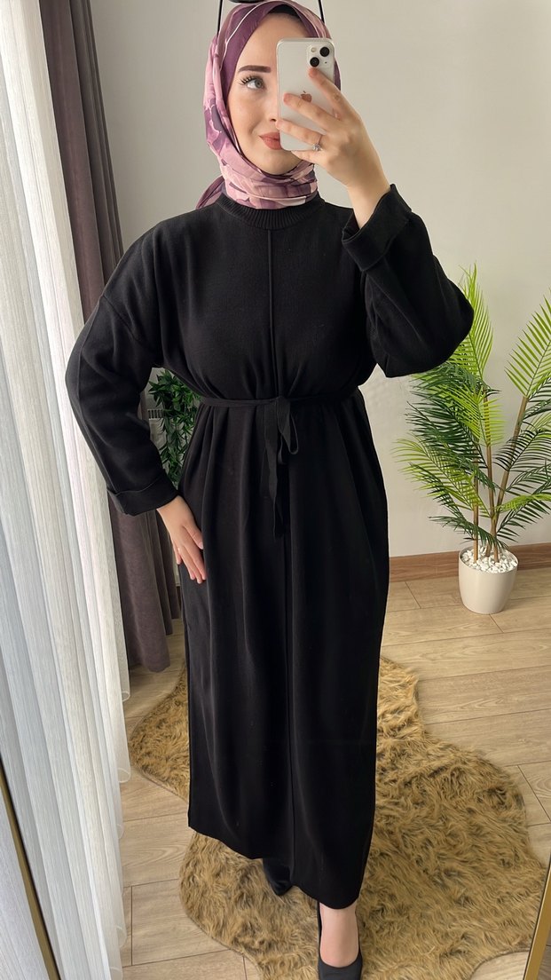 Siyah Uzun Kollu Triko Elbise - Görsel 4