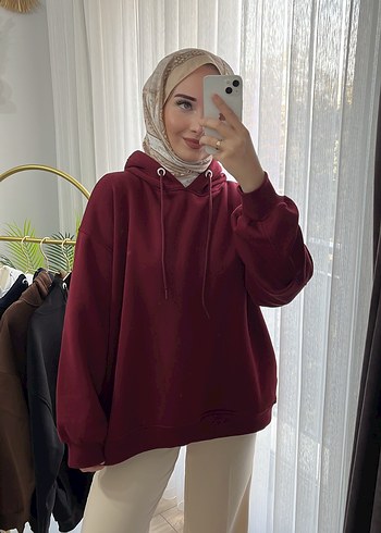 Bordo Kapüşonlu Oversize Kadın Sweatshirt - Görsel 3