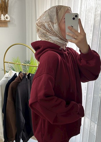 Bordo Kapüşonlu Oversize Kadın Sweatshirt - Görsel 6