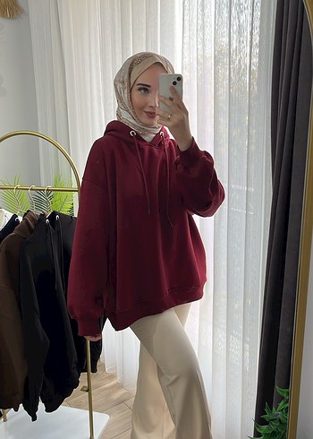Bordo Kapüşonlu Oversize Kadın Sweatshirt - Görsel 2