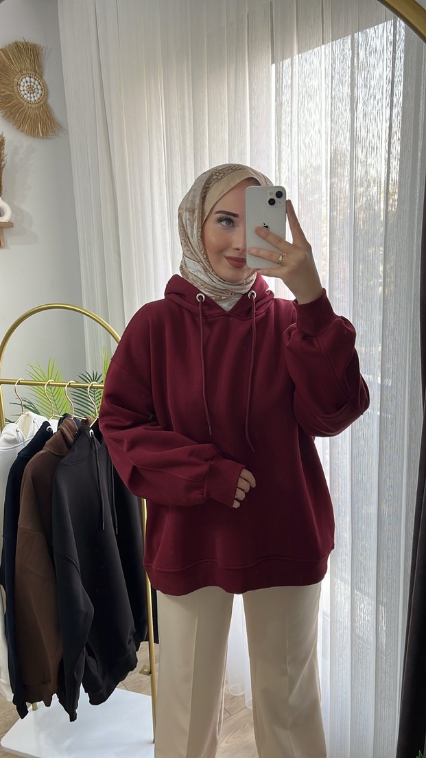 Bordo Kapüşonlu Oversize Kadın Sweatshirt - Görsel 4