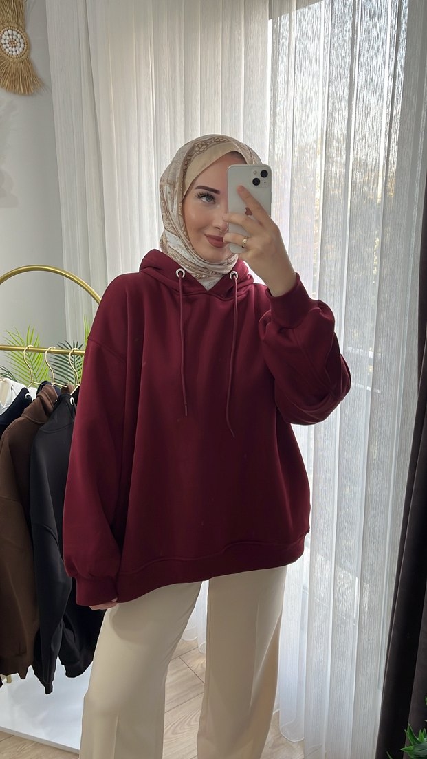 Bordo Kapüşonlu Oversize Kadın Sweatshirt - Görsel 3