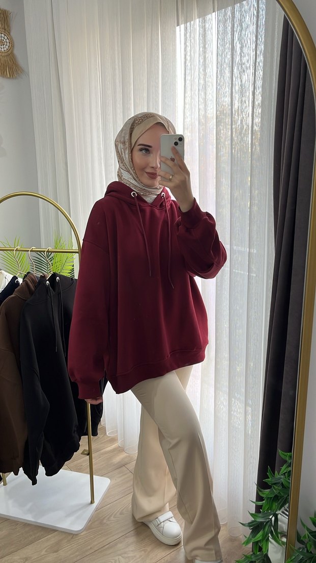 Bordo Kapüşonlu Oversize Kadın Sweatshirt - Görsel 2