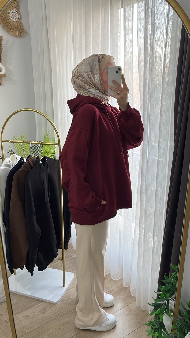 Bordo Kapüşonlu Oversize Kadın Sweatshirt - Görsel 5