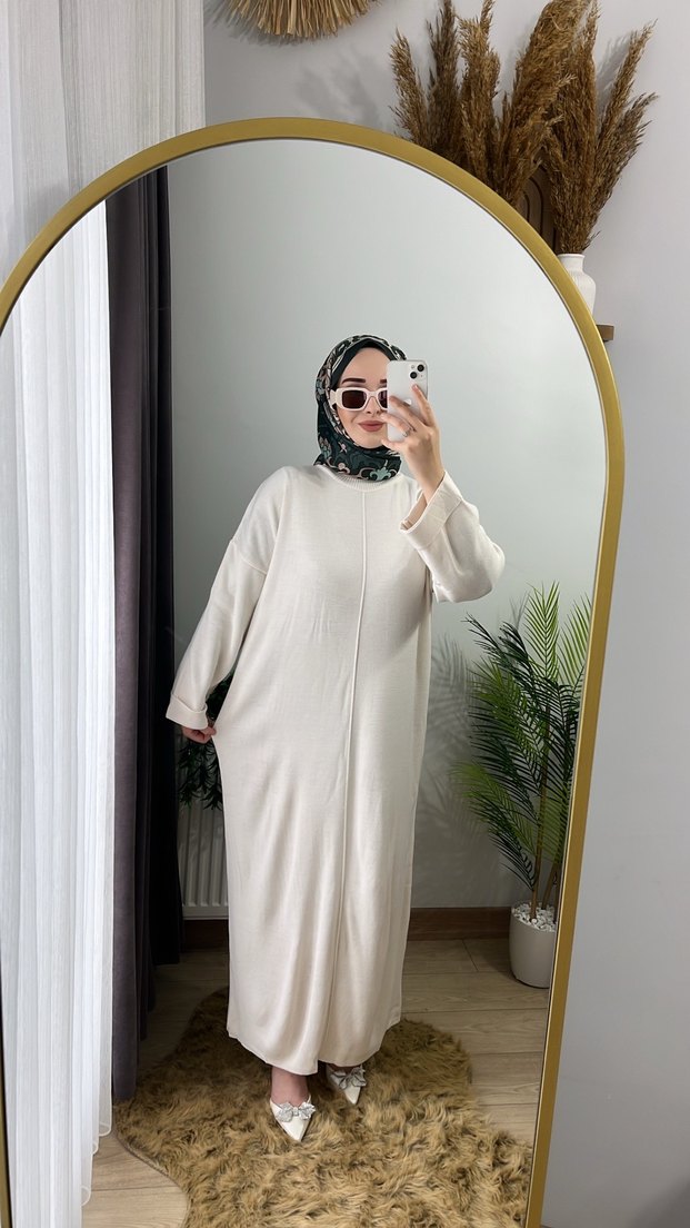 Kadın Beyaz Uzun Kollu Triko Elbise - Görsel 2