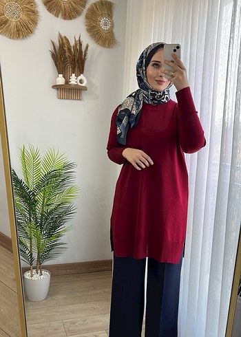 Bordo Boğazlı Uzun Triko Tunik - Görsel 4