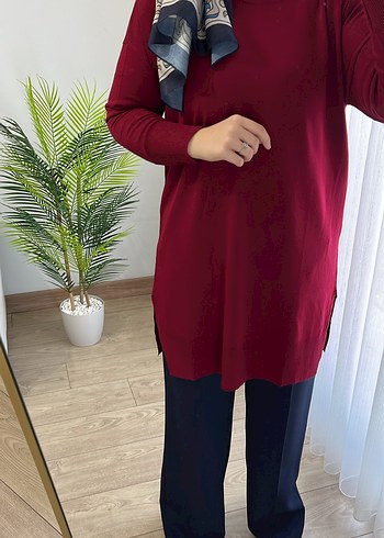 Bordo Boğazlı Uzun Triko Tunik - Görsel 3