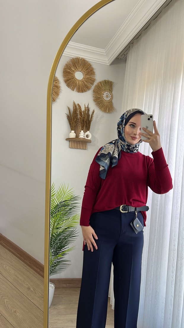 Bordo Boğazlı Uzun Triko Tunik - Görsel 5