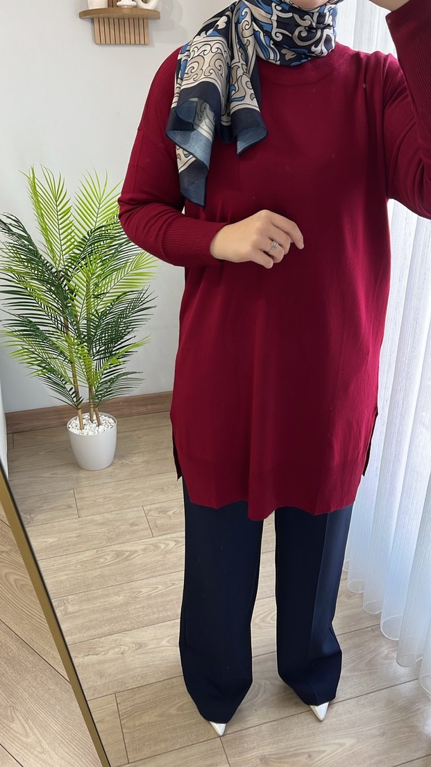 Bordo Boğazlı Uzun Triko Tunik - Görsel 3