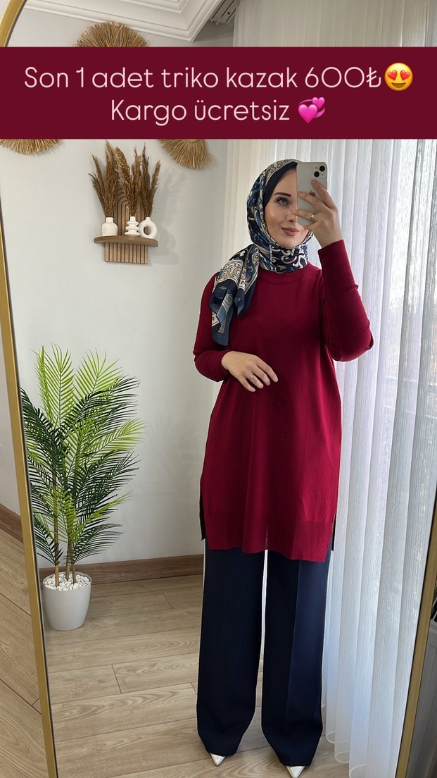 Bordo Boğazlı Uzun Triko Tunik - Görsel 2