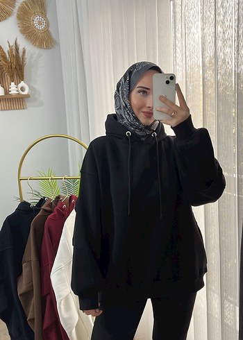 Siyah Kapüşonlu Oversize Sweatshirt - Görsel 7
