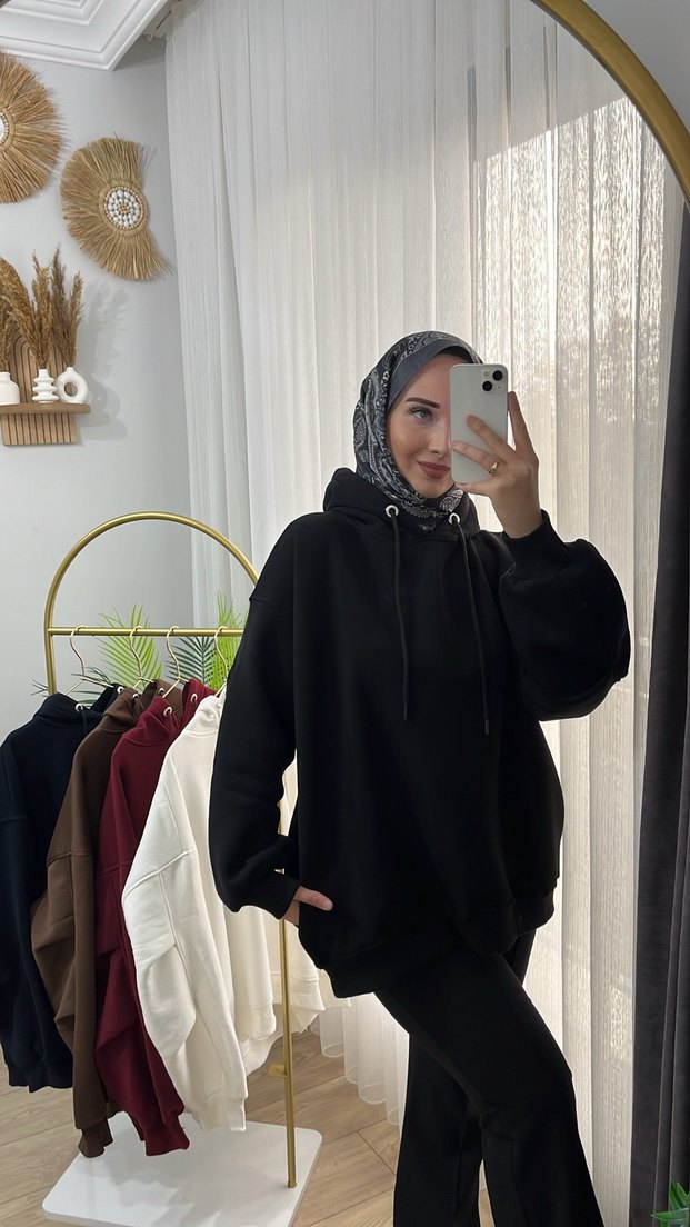 Siyah Kapüşonlu Oversize Sweatshirt - Görsel 3