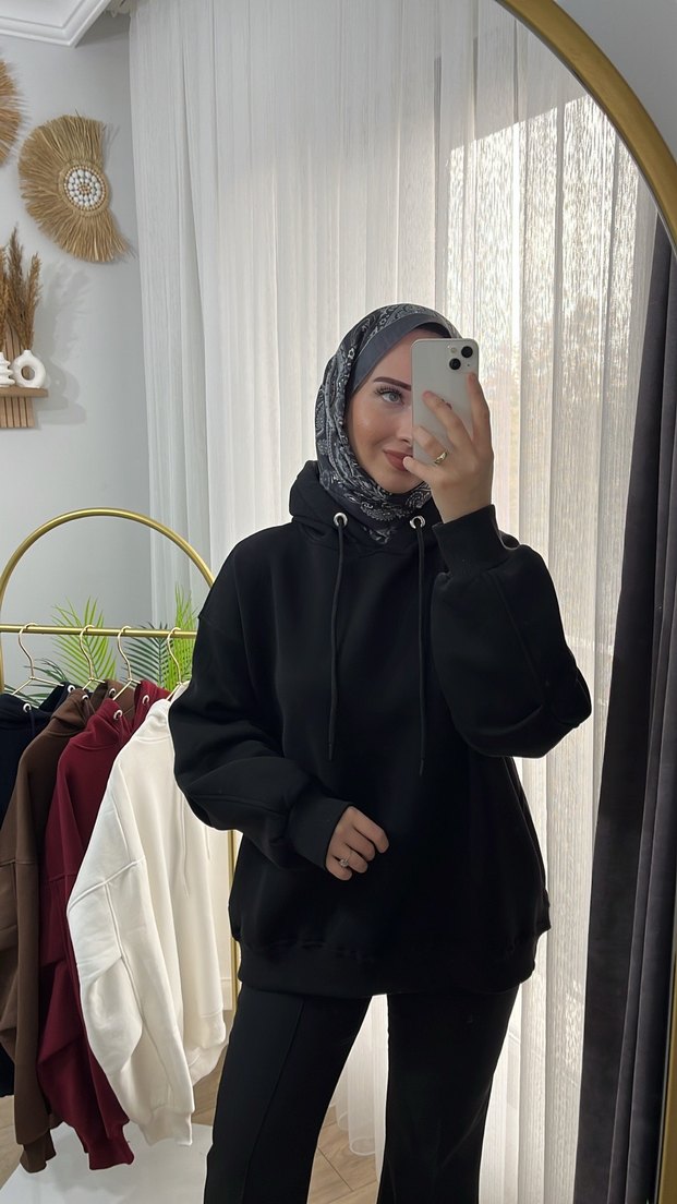 Siyah Kapüşonlu Oversize Sweatshirt - Görsel 5