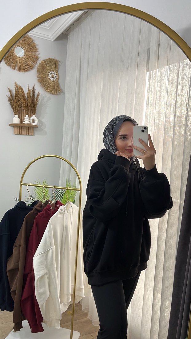Siyah Kapüşonlu Oversize Sweatshirt - Görsel 2
