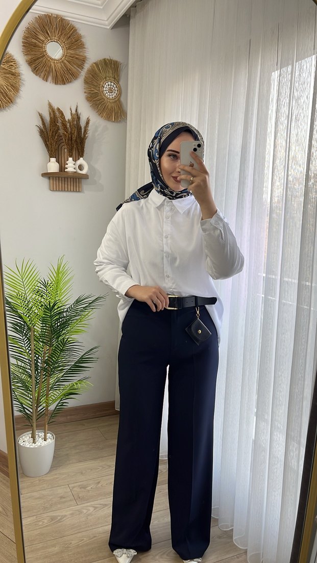 Beyaz Uzun Kollu Yüksek Yakalı Kadın Gömlek - Görsel 2