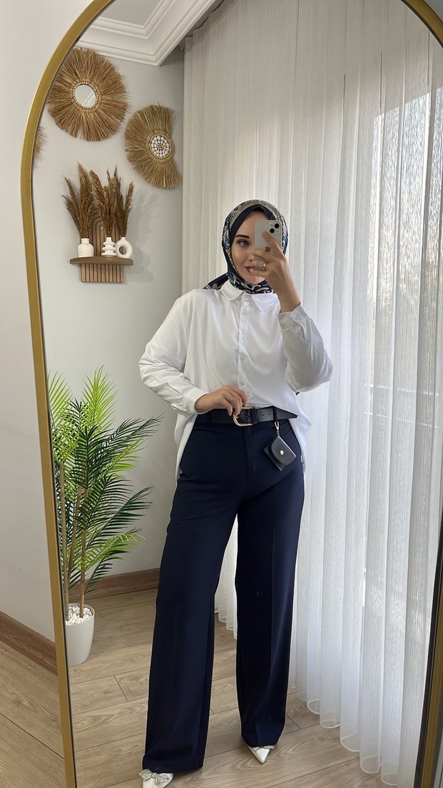 Beyaz Uzun Kollu Yüksek Yakalı Kadın Gömlek - Görsel 4