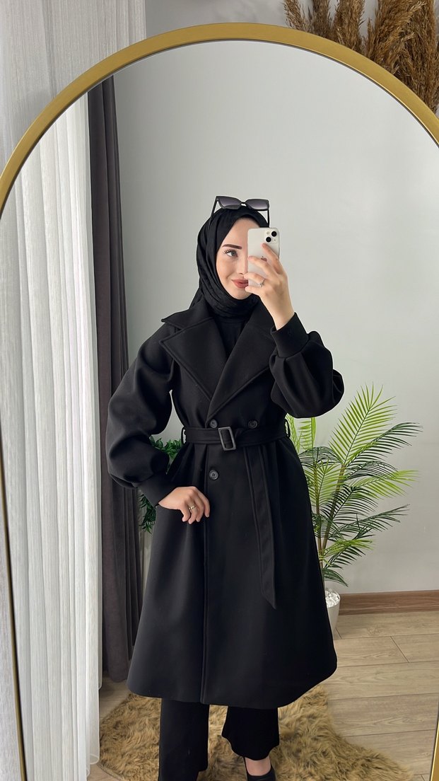 Siyah Uzun Kadın Kaban TÜYLENMEME GARANTİLİ - Görsel 3