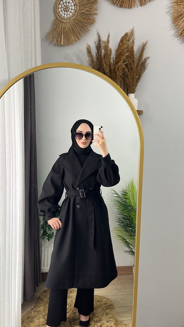 Siyah Uzun Kadın Kaban TÜYLENMEME GARANTİLİ - Görsel 2