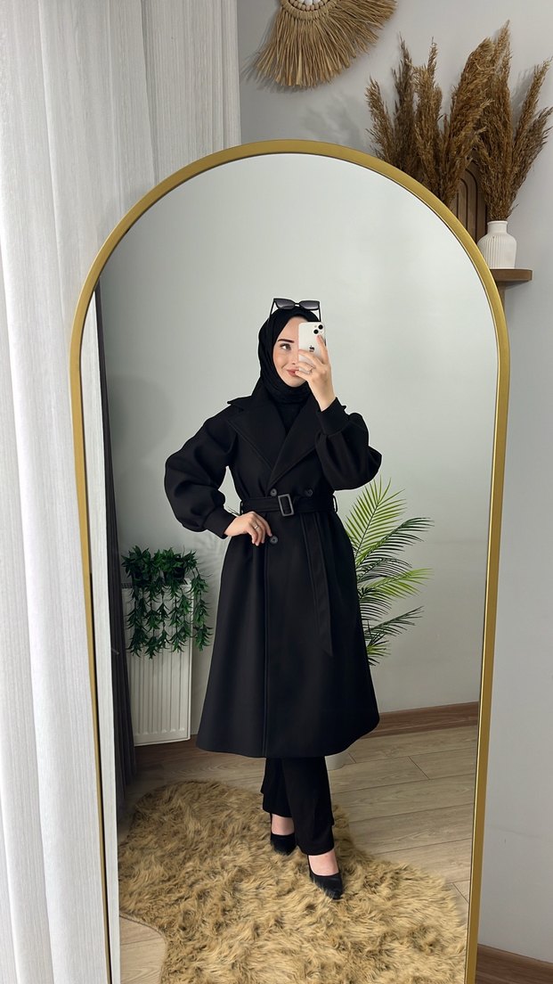 Siyah Uzun Kadın Kaban TÜYLENMEME GARANTİLİ - Görsel 5