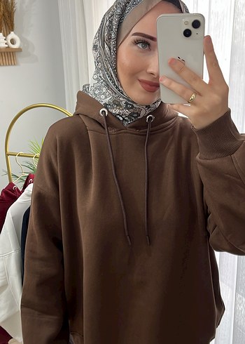 Kahverengi Oversize Kadın Sweatshirt - Görsel 3