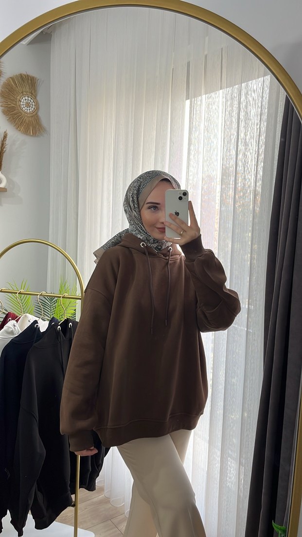 Kahverengi Oversize Kadın Sweatshirt - Görsel 4