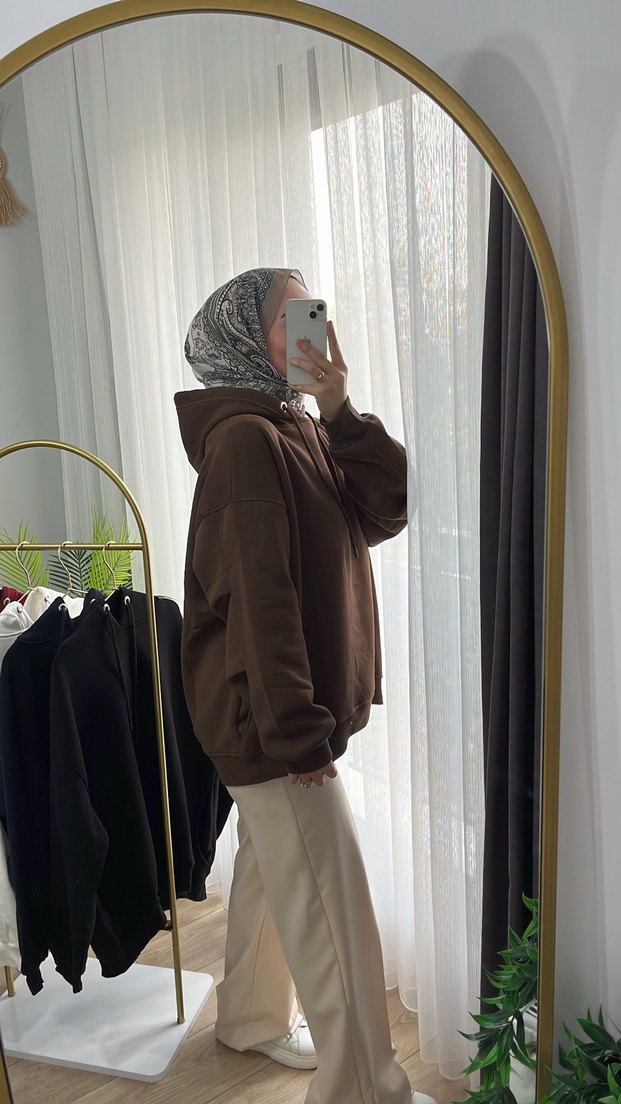 Kahverengi Oversize Kadın Sweatshirt - Görsel 2