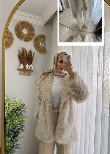 Uzun Bej Suni Kürk Ceket - Görsel 2