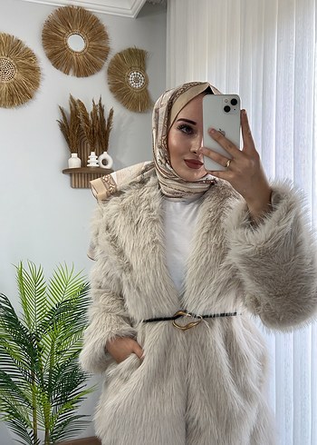 Uzun Bej Suni Kürk Ceket - Görsel 4
