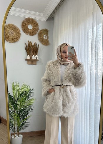 Uzun Bej Suni Kürk Ceket - Görsel 6