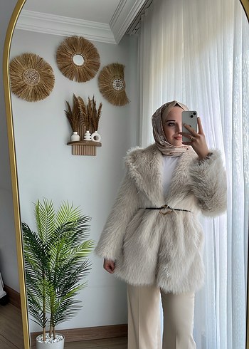 Uzun Bej Suni Kürk Ceket - Görsel 5