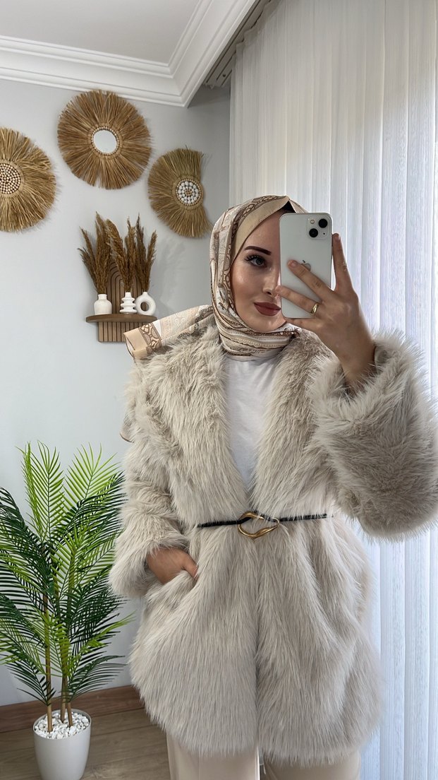 Uzun Bej Suni Kürk Ceket - Görsel 4