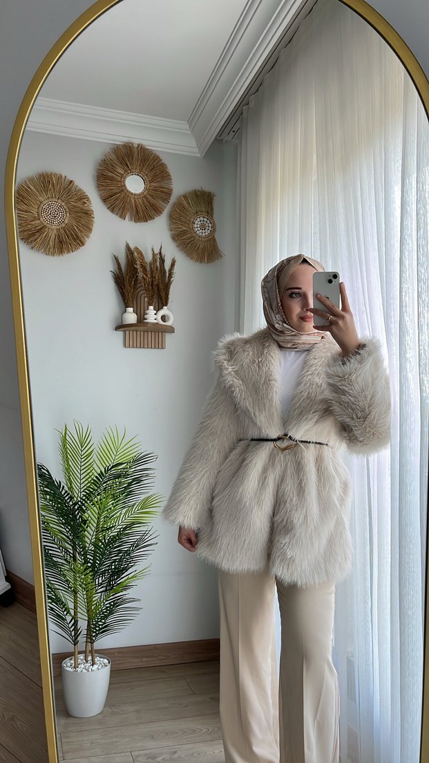 Uzun Bej Suni Kürk Ceket - Görsel 5