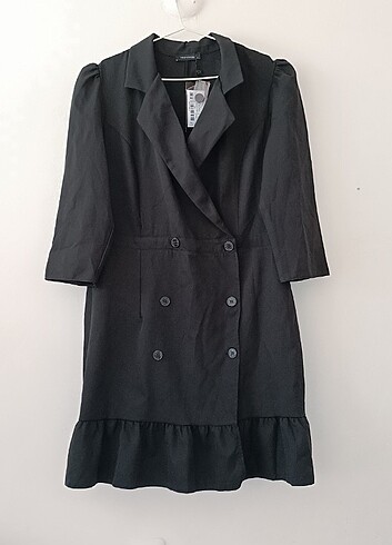 Siyah Büyük Beden Astarsız Truvakar Kol Mini Dokuma Ceket Elbise