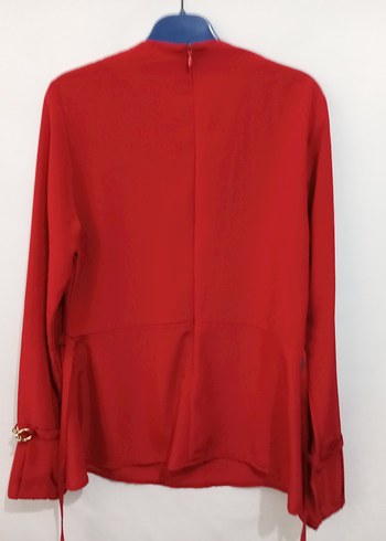 Kemerli Uzun Kollu Kırmızı ipekli Bluz - Görsel 2