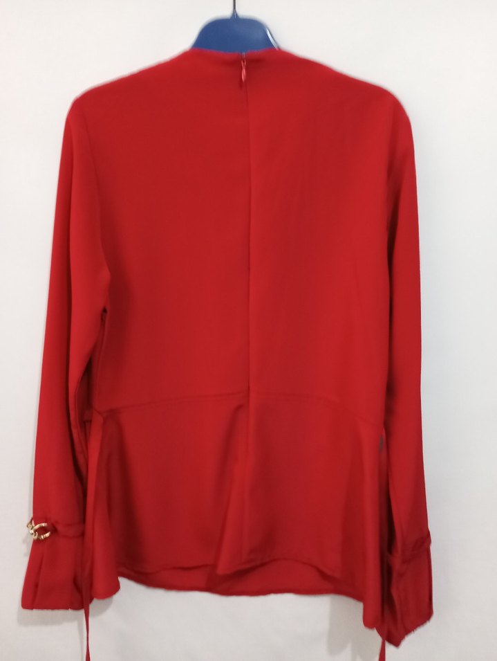 Kemerli Uzun Kollu Kırmızı ipekli  Bluz - Görsel 2