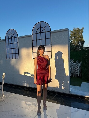 saten bordo mini elbise