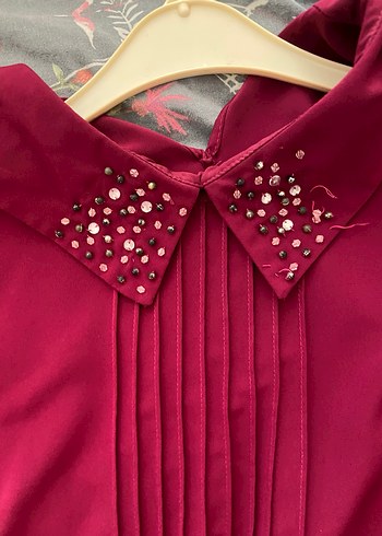 Bordo Pilili Yaka Detaylı  Bluz - Görsel 2