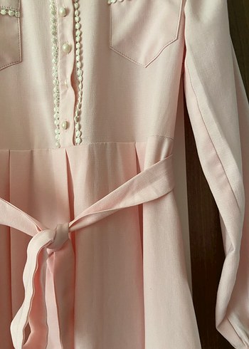 Düğmeli Pembe Uzun Kollu Uzun Elbise - Görsel 4