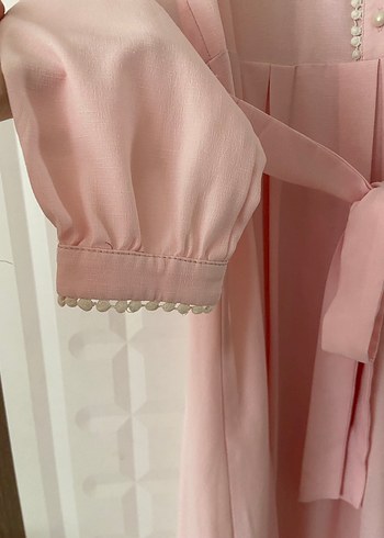 Düğmeli Pembe Uzun Kollu Uzun Elbise - Görsel 3